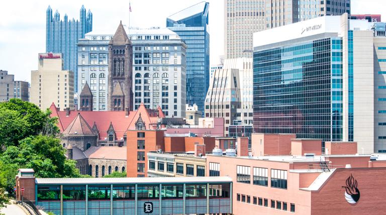 Daytime cityscape from Duquesne's campus.